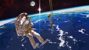 太空人在地球上空太空吹奏色士風，伴隨月球和星星。 — 肖像 壁紙
