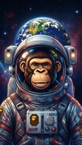 黑猩猩太空人在太空中微笑，背景是地球。 — Bape GIF 壁紙