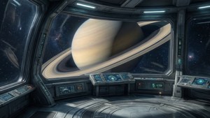 太空站內部，可看到帶有光環的行星 — 太空 壁紙