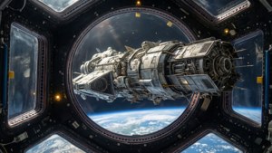 從太空站內部透過圓形窗戶看到一艘大型太空船繞地球運行的景象。