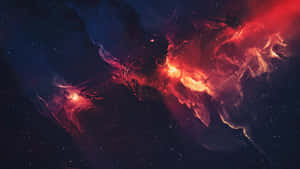 在浩瀚太空中，一團火紅和深藍色的星雲與星星一同閃耀。 — 太空 壁紙