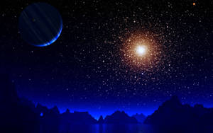 星空下嘅黑暗山脈同水面，有發光星系同藍色行星。