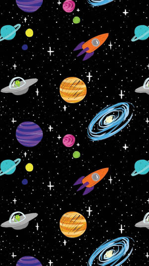 色彩繽紛的卡通火箭和行星在繁星點點的太空圖案中漂浮。