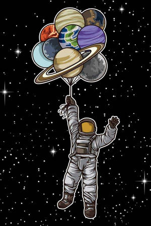 太空人在太空漂浮，在星星中手持行星氣球。