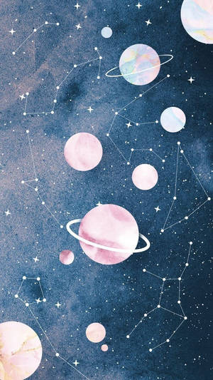 水彩宇宙場景中的粉彩行星和星座。