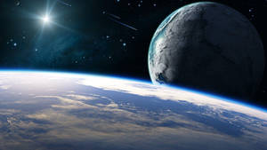 地球和另一顆行星在太空中，伴隨著明亮的星爆太陽。