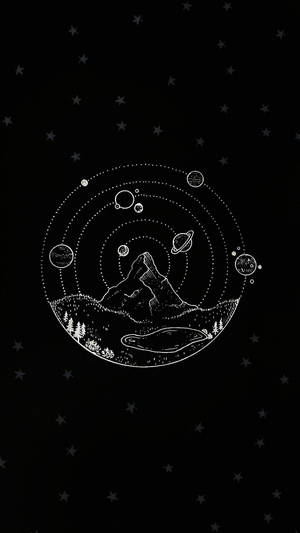 一個被繞行行星和星星環繞的山湖，以白色線條藝術繪製在黑色上。