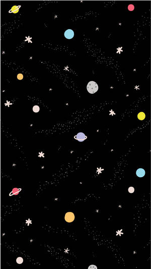 一個有趣的卡通太空，黑色背景上有行星和星星。