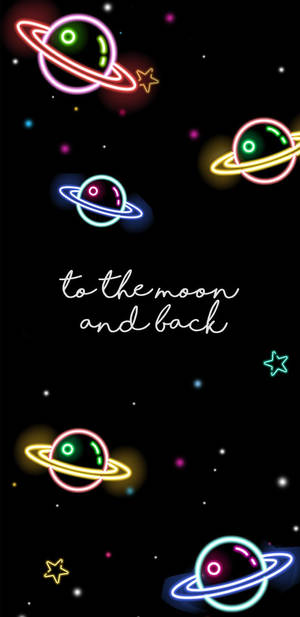 霓虹行星和星星，附有文字 to the moon and back