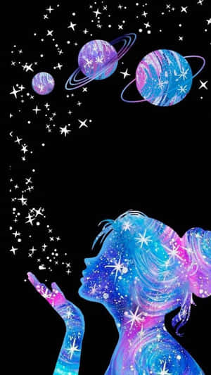 少女將星星和星系吹向太空，附近有行星漂浮。