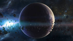 一顆巨大的黑暗行星被漂浮的小行星和發光的星雲包圍在太空中。