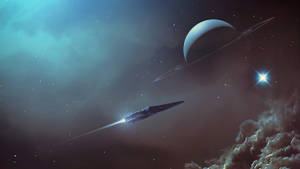 太空船飛過帶環行星，朝向深空中的明亮恆星。