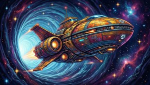 復古未來風格太空船穿越色彩繽紛的宇宙蟲洞，引擎發光