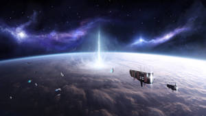 行星上空的未來風格太空船，發光光束穿透雲層和星雲