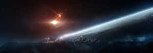 發光星雲下的山峰，遠處有地球的曲線。 — 自然 壁紙