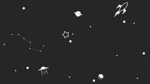 白色太空圖標，包括星星、火箭、行星和UFO，黑色背景。 — 簡單 壁紙