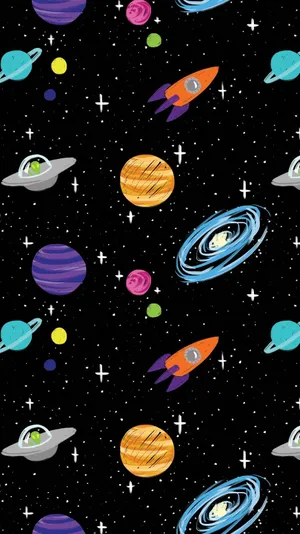色彩繽紛的卡通火箭和行星在繁星點點的太空圖案中漂浮。