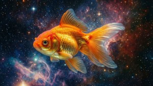 一條金魚漂浮在佈滿星星的宇宙星雲中，周圍有彩色雲朵和發光的星星。
