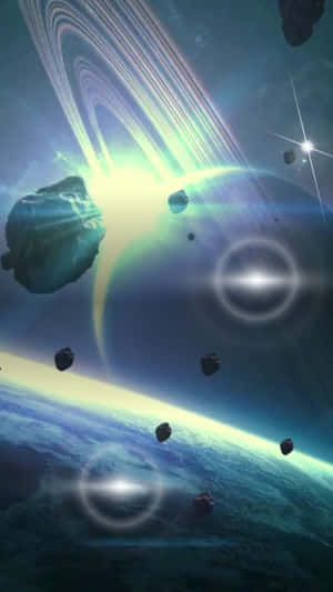 一顆行星，帶有發光環和漂浮的小行星，在深藍色太空中被璀璨星光點亮。 — 太空 壁紙