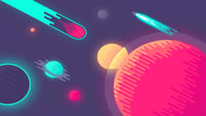 霓虹火箭在未來主義的太空場景中飛過發光的行星。