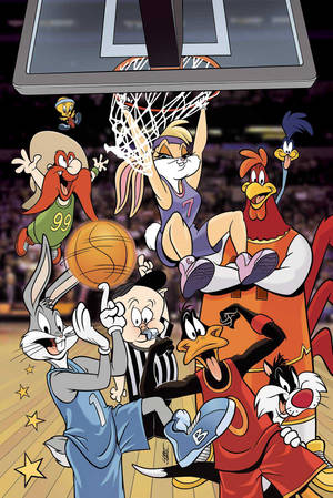 Looney Tunes 角色在熱鬧的競技場上打籃球，地板上有星星。