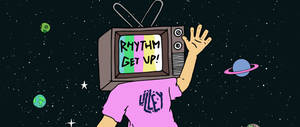 頭部是電視機的人物在太空中與行星一起顯示「RHYTHM GET UP!」。 — 2560x1080 壁紙