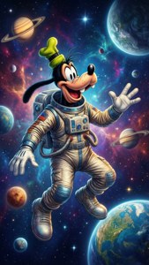 高飛穿著太空衣，面帶愉快表情漂浮在行星和星星之間。 — 高飛 壁紙