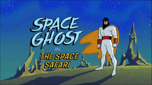 Space Ghost 超級英雄站在外星行星上，背景有星空和岩石地形。