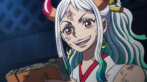 擁有白色和青綠色頭髮以及惡魔角的動漫女孩，微笑著拿著一本書。