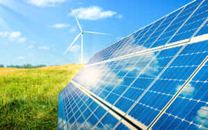 藍天下陽光普照的綠色田野中的太陽能板和風力發電機