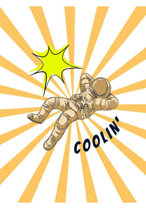 一個卡通太空人漂浮，帶有星爆和單詞 coolin'，背景是太陽爆發。