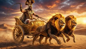金色盔甲戰士駕駛由兩頭獅子拉的戰車穿越沙漠日落。