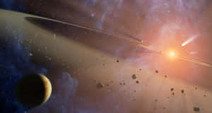 發光的太陽照亮了彩色星雲中的小行星和帶環行星。