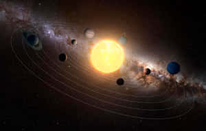 一個發光的太陽，行星在充滿星星的星系中運行。