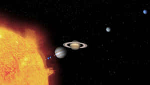 太陽系，太陽、土星和木星在星空之中。