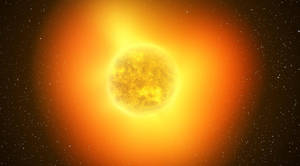 太空中一顆明亮的太陽，帶有發光的日冕，周圍環繞著星星。
