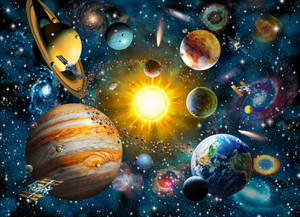 天體和太空船在繁星點點的宇宙中繞著明亮的太陽運行。