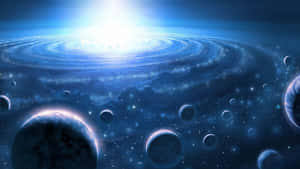 一個藍色星系，在光芒四射的太陽下有發光的行星和恆星。