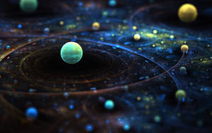 發光的行星在色彩繽紛的宇宙星雲中運行，帶有旋轉的能量軌跡。