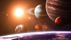在外太空圍繞明亮太陽運行的多個行星的彩色視圖。