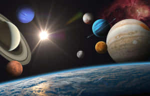 從太空看地球，太陽和行星在軌道上