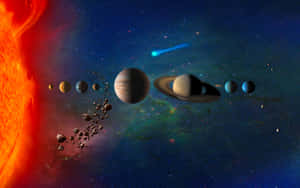 色彩繽紛的星空中的太陽系，包含行星和一顆彗星。