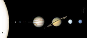 太空中一排行星，包括帶有光環的木星和土星。
