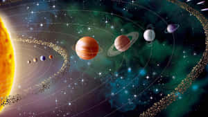 太陽系，行星在繁星點點的太空場景中圍繞明亮的太陽運行。