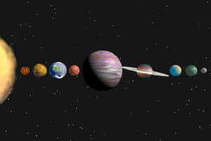 太陽系行星圍繞太陽運行，背景有星星。