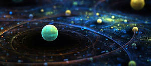 一顆青綠色行星在宇宙場景中運行，背景是星光閃爍的藍色，有發光的環和金色球體。 — 科學 壁紙
