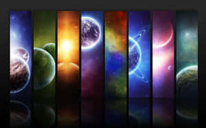 垂直面板顯示太空中的彩色行星和宇宙場景。