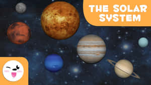 色彩繽紛的卡通行星在太空中有文字和微笑的吉祥物。