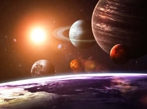 發光的太陽照耀著星空宇宙場景中的彩色行星。