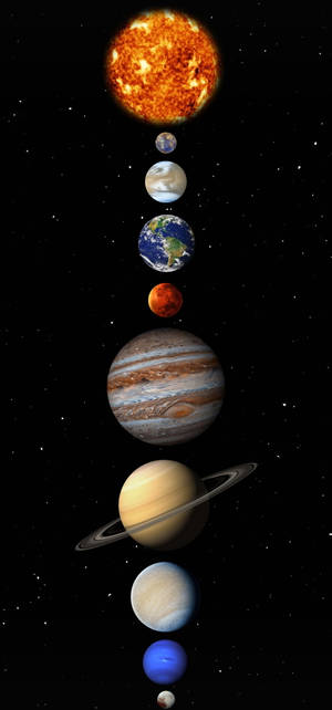 太陽和行星在太空中垂直排列，背景有星星。 — 天空景觀 壁紙
